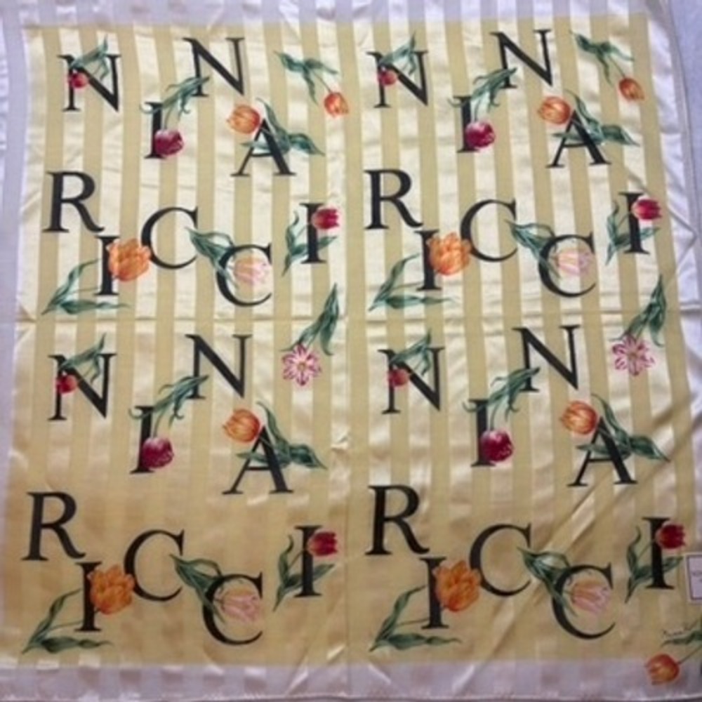 Vtg NINA RICCI Scarf Handkerchief Floral Logo Silk Cotton Yellow 21.5"